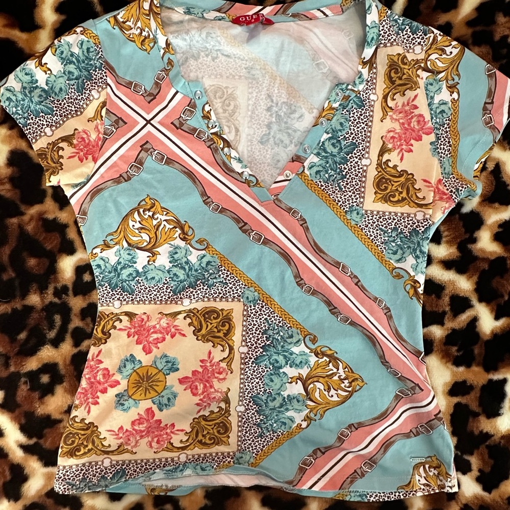 Guess Blue Wrap Short Sleeve Blouse
